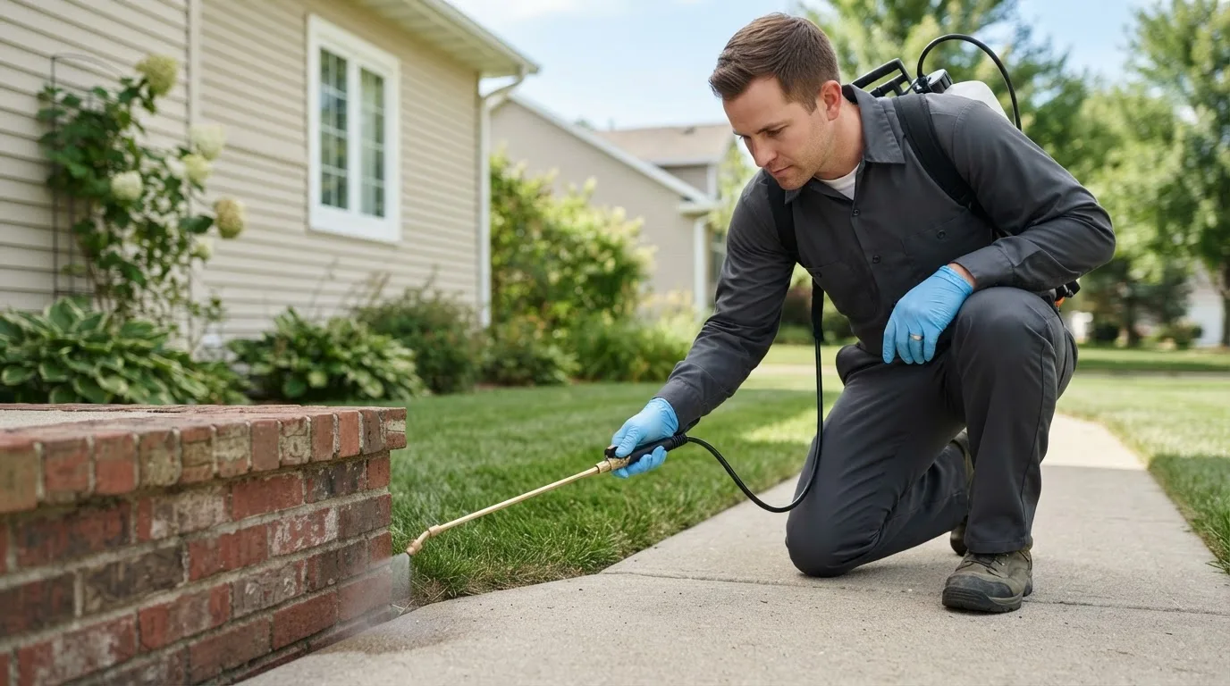 Pest control technician treating a home near Wimauma, FL